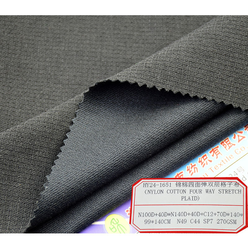 Cotton Nylon Spandex Workwear Fabric Cotton Brocade Four-Way Elastic Plaid Double Layer Fabric 270g