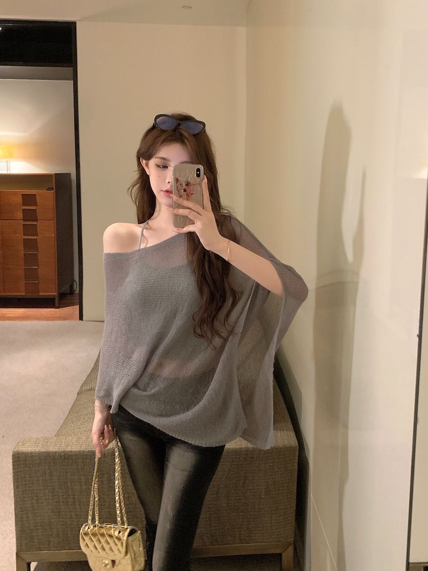 Vintage Grey Thin Sexy Slant Shoulder Sleeveless Sweater Women's Summer Loose Irregular Cape Blouse Top