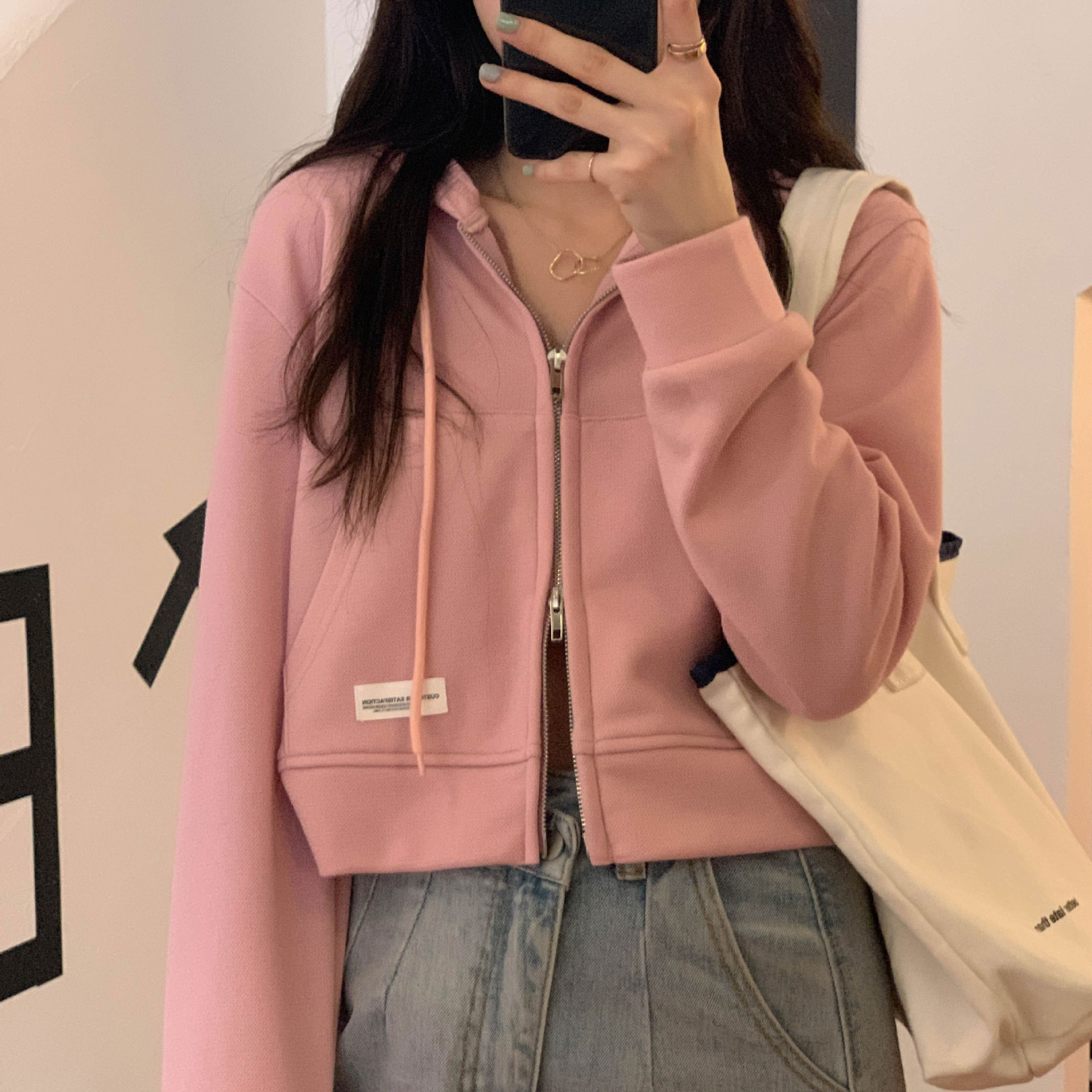 Picture of Thin Cotton Sweatshirt Women's Short Design Spring and Summer Short Pink Top Casual Hooded Cardigan Zipper Jacket