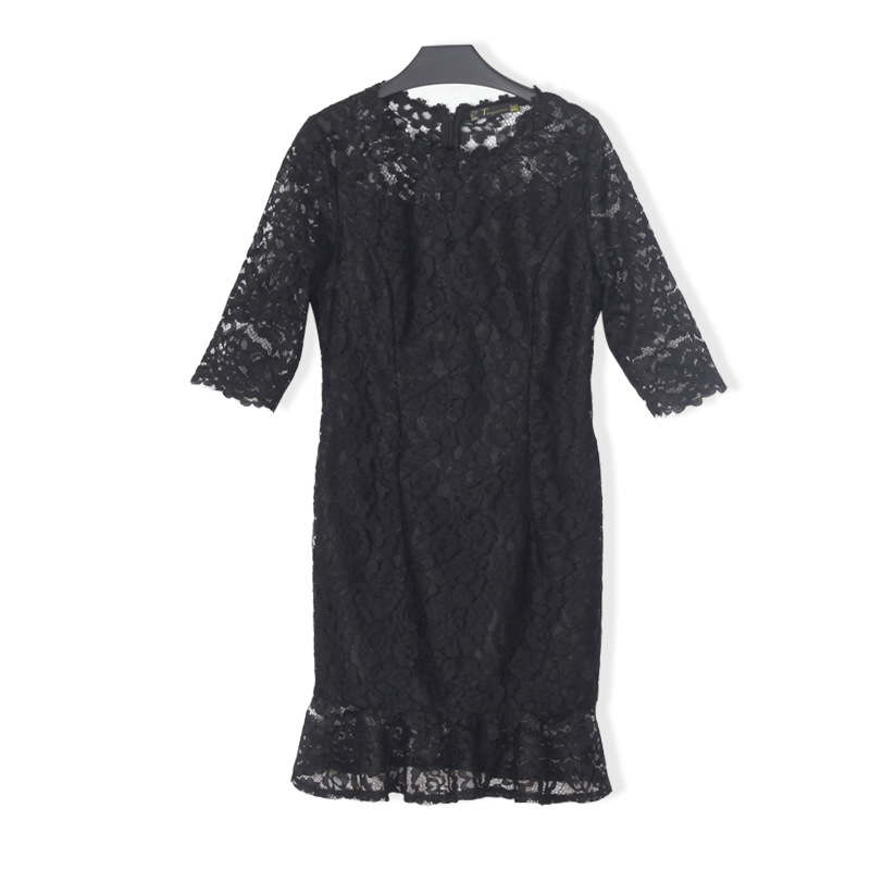 Picture of Big Sale Black Mini Dress Summer New Style Fat mm European Station Ruffled Cut Out Lace Dress Export