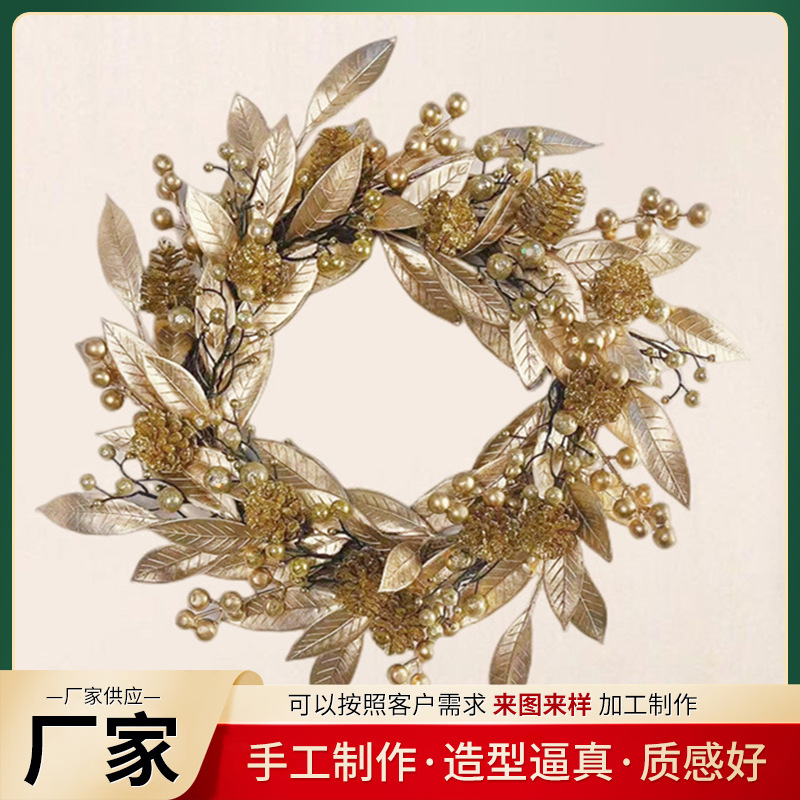 Flower Grass 2022 Cross-border New Christmas Decoration Wreath European and American Christmas Simulation Gold and Silver Leaf Fortune Fruit Door Circle
