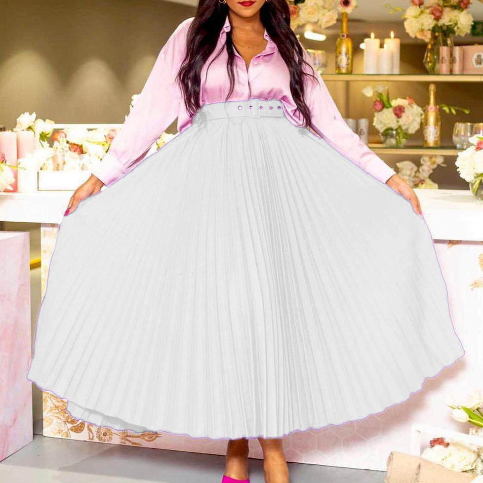 Picture of D293P with belt European and American women's clothing new high waist large skirt mid-length pleated temperament drape foreign trade skirt