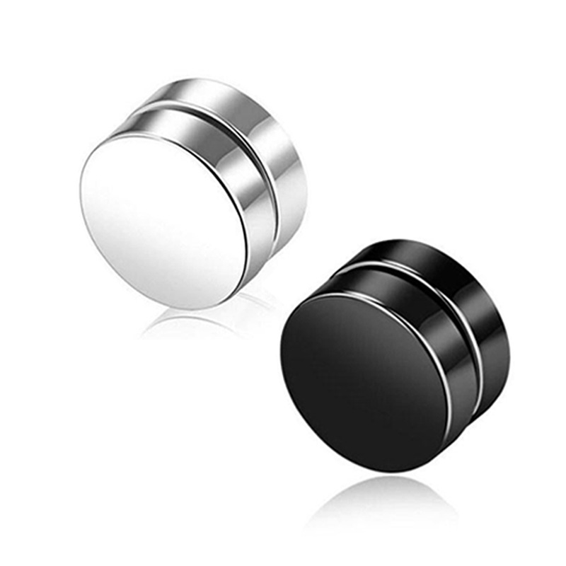 Picture of Trendy men's iron-absorbing stone ear clip earrings men's non-earhole black titanium steel ear clip round children's magnet false earrings double-sided