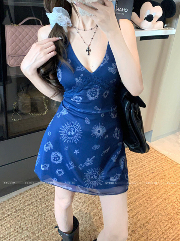 Pure Desire Retro Printed V Neck Vest Dress Women's Summer New Style Waist Slimming Holiday Style A-Line Short Skirt