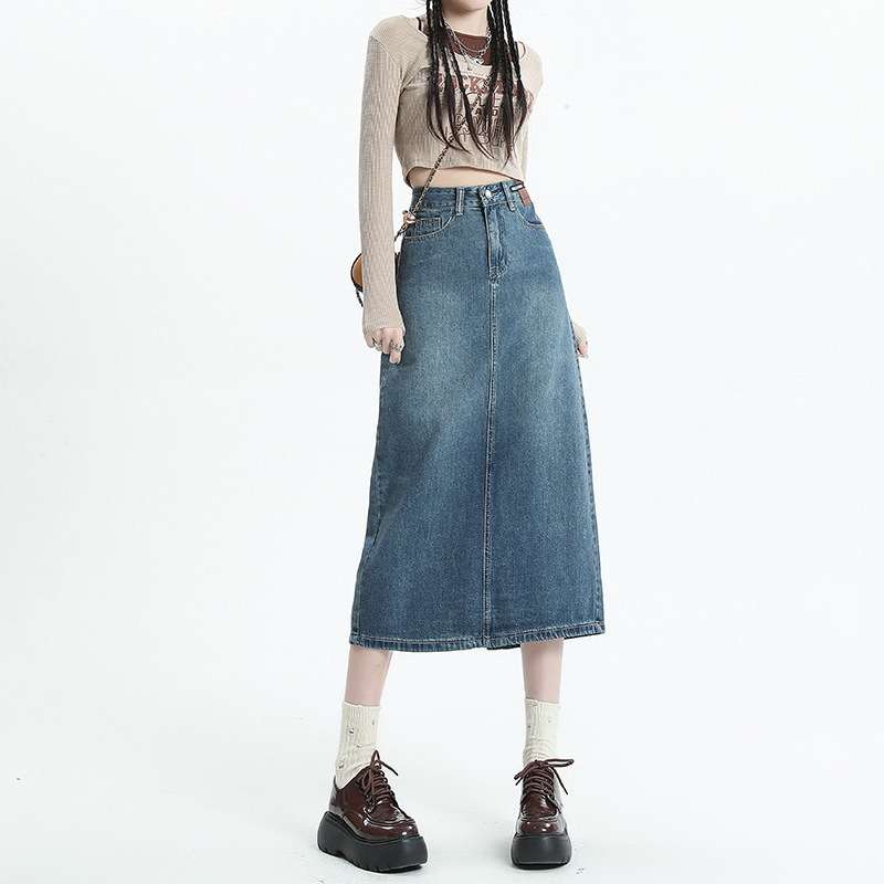 Vintage Split Denim Skirt Women's A- line 2023 Spring New High Waist Slimming Long Skirt Summer