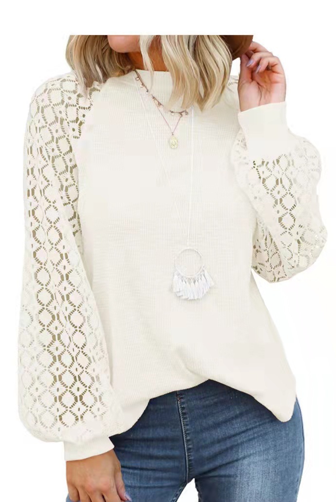 Picture of 2025 New Women's Clothing Amazon Cross-Border Round Neck Long Sleeve Lace Patchwork Loose Top for Women