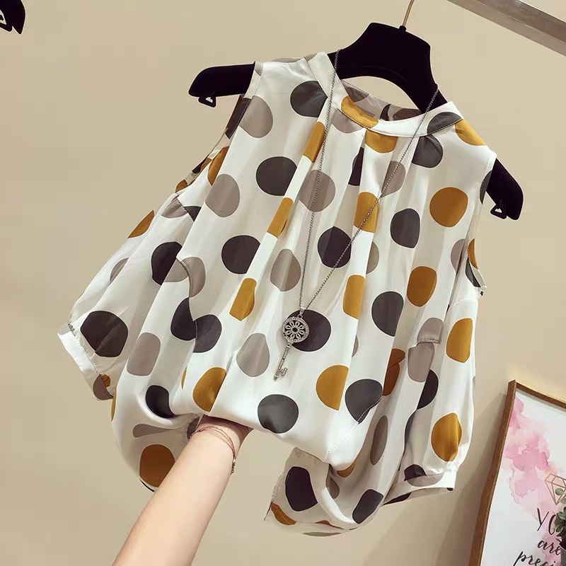 Polo Dot Shoulder Imitation Chiffon Women's Short-sleeved Summer New Age-reducing Small Shirt Western-style Design Chic Top for Covering Belly