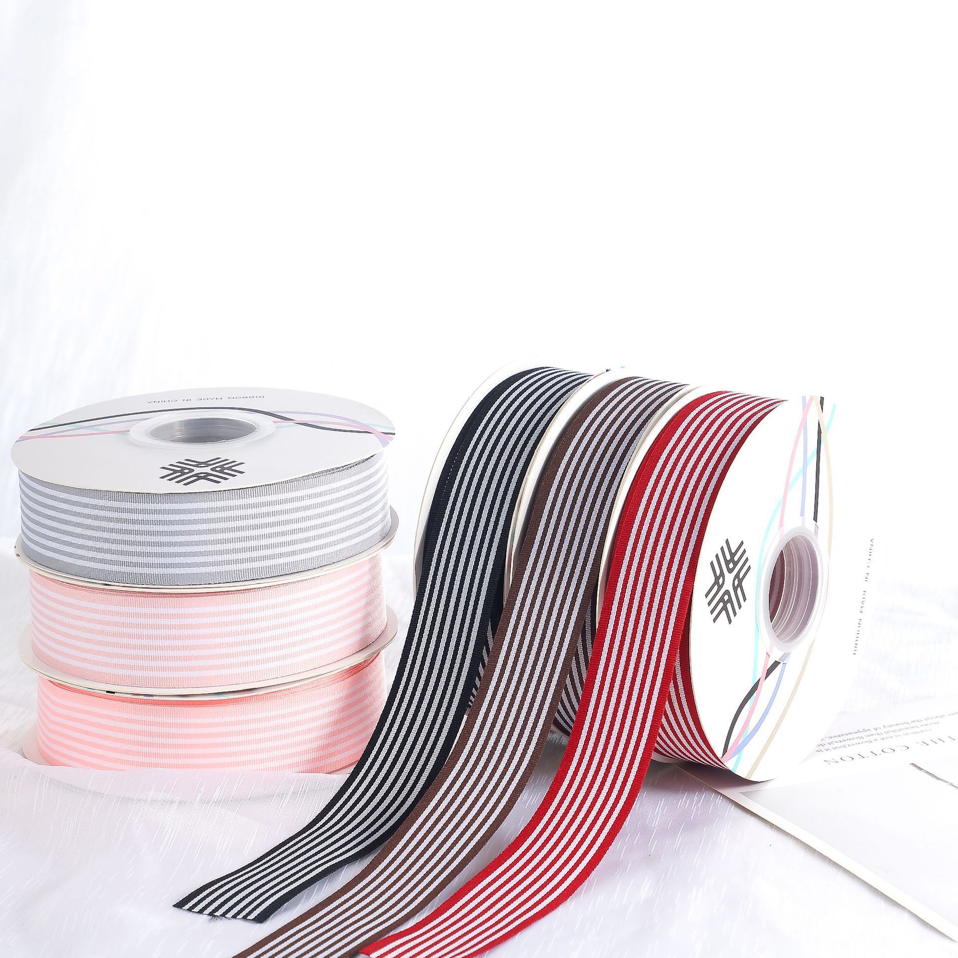 in stock 2.5cm double-sided striped thread with flowers gift box packaging bundled ribbon manufacturers direct supply
