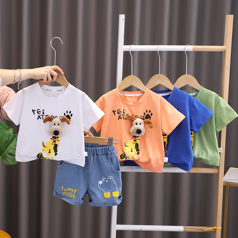 Boy's Short-sleeved Summer suit Summer New Baby's Western-style Thin Baby's Three-dimensional Dog Short-sleeved Two-piece Set