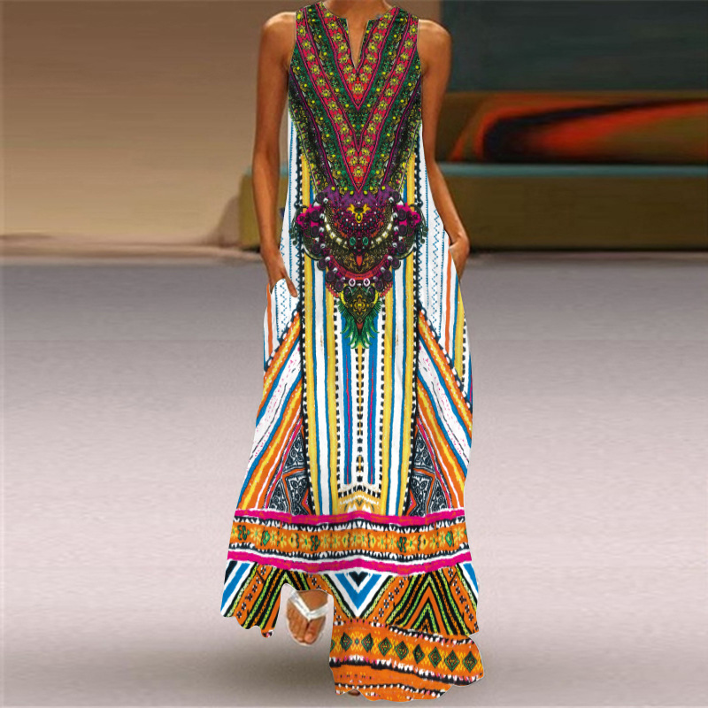 2022 Amazon European and American New Women's Vintage Printed Long Dress V-neck Sleeveless Pocket Summer Sexy Dress