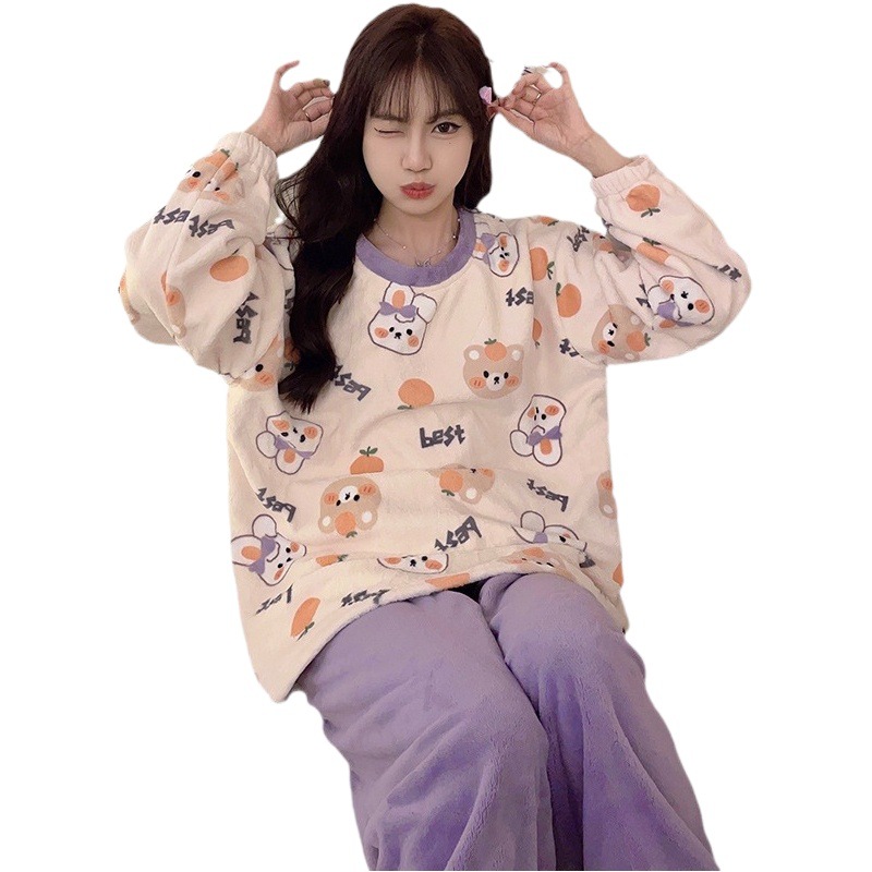 Autumn and Winter pajamas women's coral fleece long-sleeved trousers fleece-lined thickened sweet cute cartoon flannel home wear suit