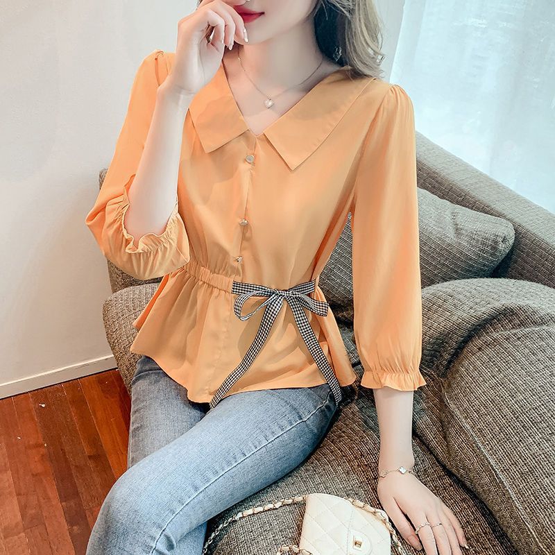 Picture of Baby Doll Collar Chiffon Women's Spring 2023 Petite Lace-Up Waist-Cinching Slimming Belly-Covering Shirt with Three-Quarter Sleeves Versatile Top