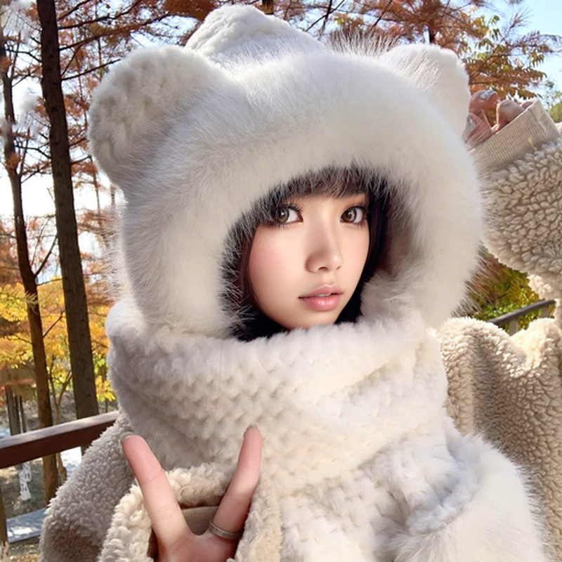 Picture of Cute Bear Hat Gloves Three-in-One Scarf Plush Hat Winter Riding Women's Easy Outdoor High-Level Warm Hat