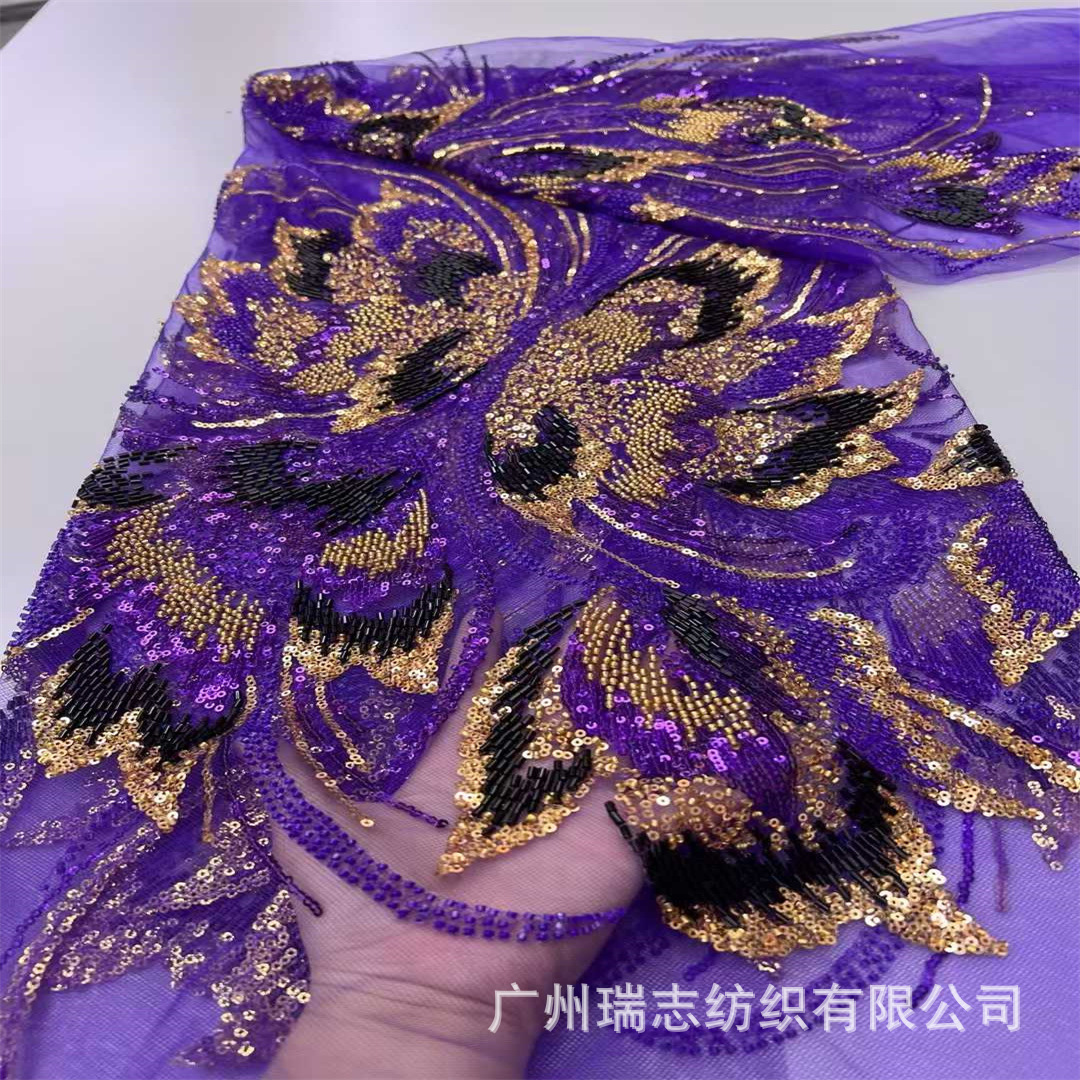 New European and American Non-Mesh Bead Tube Sequin Embroidered Dress Fabric Heavy Multi-Color Wedding Dress Performance Clothing Fabric Beaded