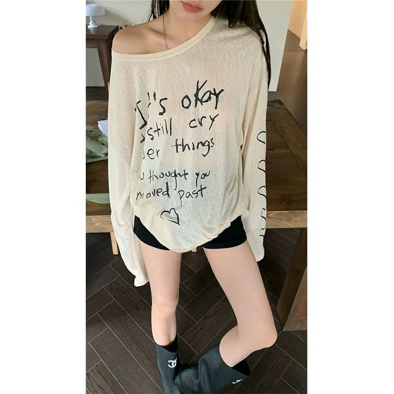 Thin Sunscreen Blouse Letter Printed T-shirt Women's Early Autumn New Mid-length Loose Long-sleeved Shoulder Top