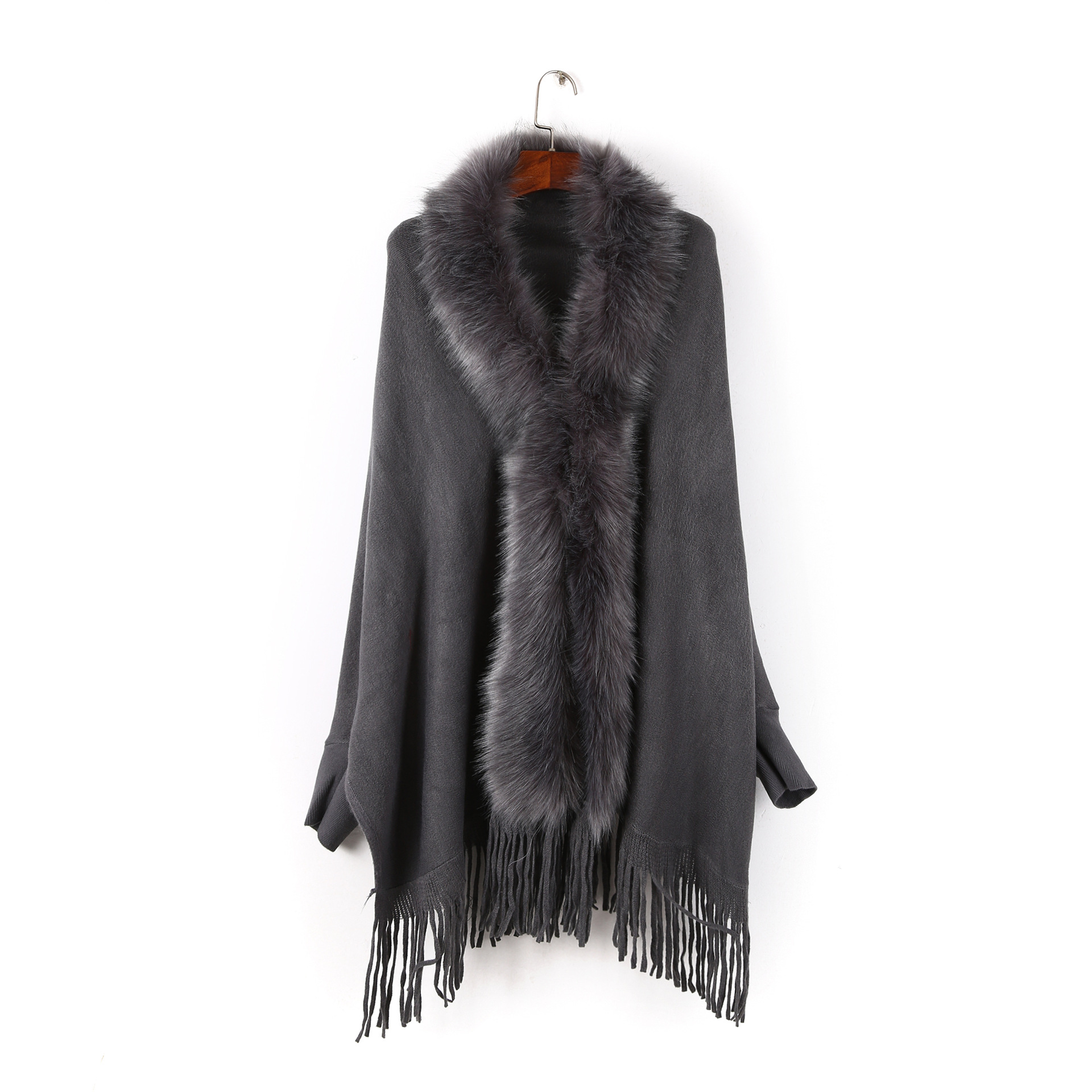 Picture of Autumn and Winter New Fashion Women's Cape Cardigan Artificial Fur Solid Color Sleeve Long Tassel Hem Cape Wholesale