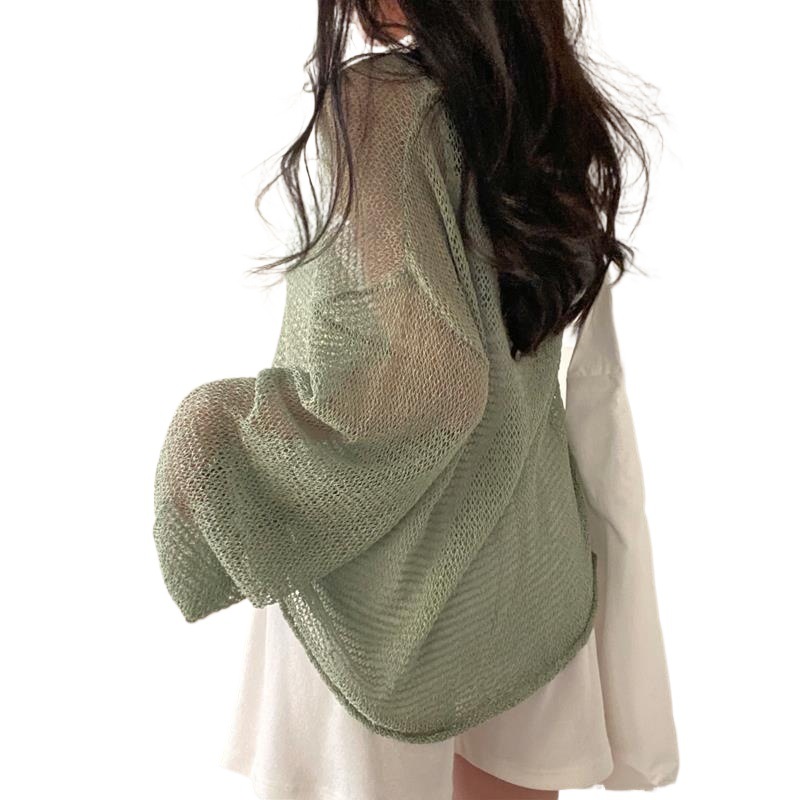 Picture of Korean Chic Summer French Retro Lazy Style Loose Long-Sleeved Cut Out Thin Knitted Sun Protection Blouse Top for Women
