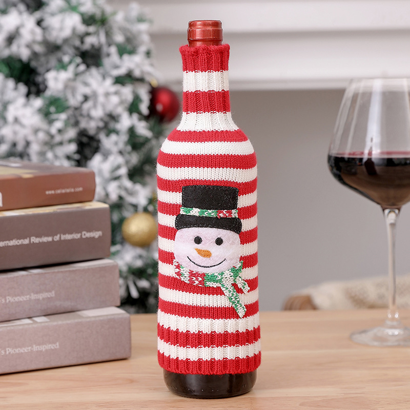 Picture of New Christmas Decorations Wool Acrylic Knitted Stripesd Wine Bottle Set Elk Snowman Red Wine Champagne Bottle Set