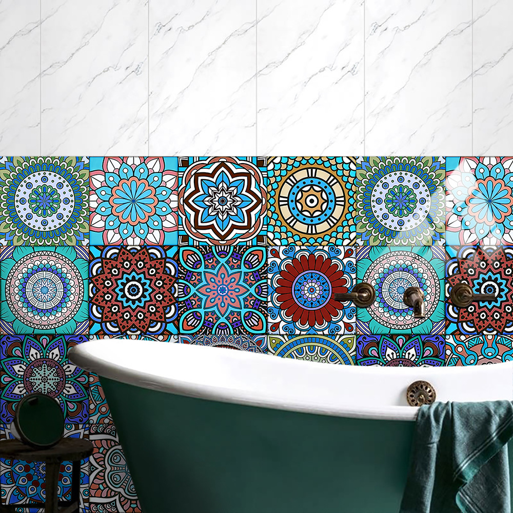 16 pieces of mandala pattern simulation tile stickers home renovation kitchen bathroom wardrobe decoration wall stickers