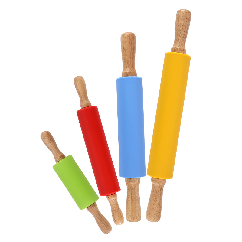 Picture of Silicone Rolling Pin Rotary Roller Rolling Pin Kitchen Wooden Handle Rolling Pin Dumpling Wafer Flour Fat Baking Utensils