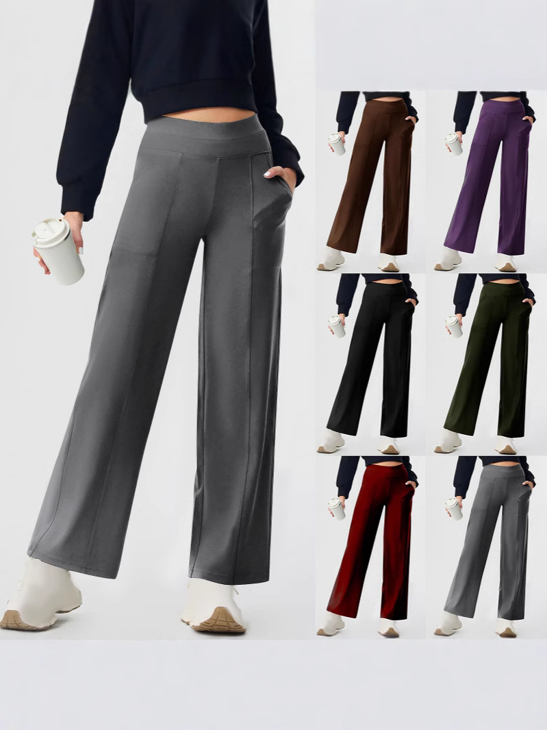 2025 Cross-border Women Solid Color High Waist Elastic Pocket Fitness Sports Casual Tight Straight Yoga Trousers