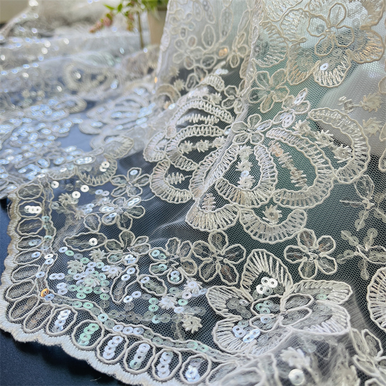 Mesh Wedding Dress Sequined Water-Soluble Lace Embroidered Fabric Double-Sided Wave Clothing Stage Clothing Fashion Embroidered Fabric