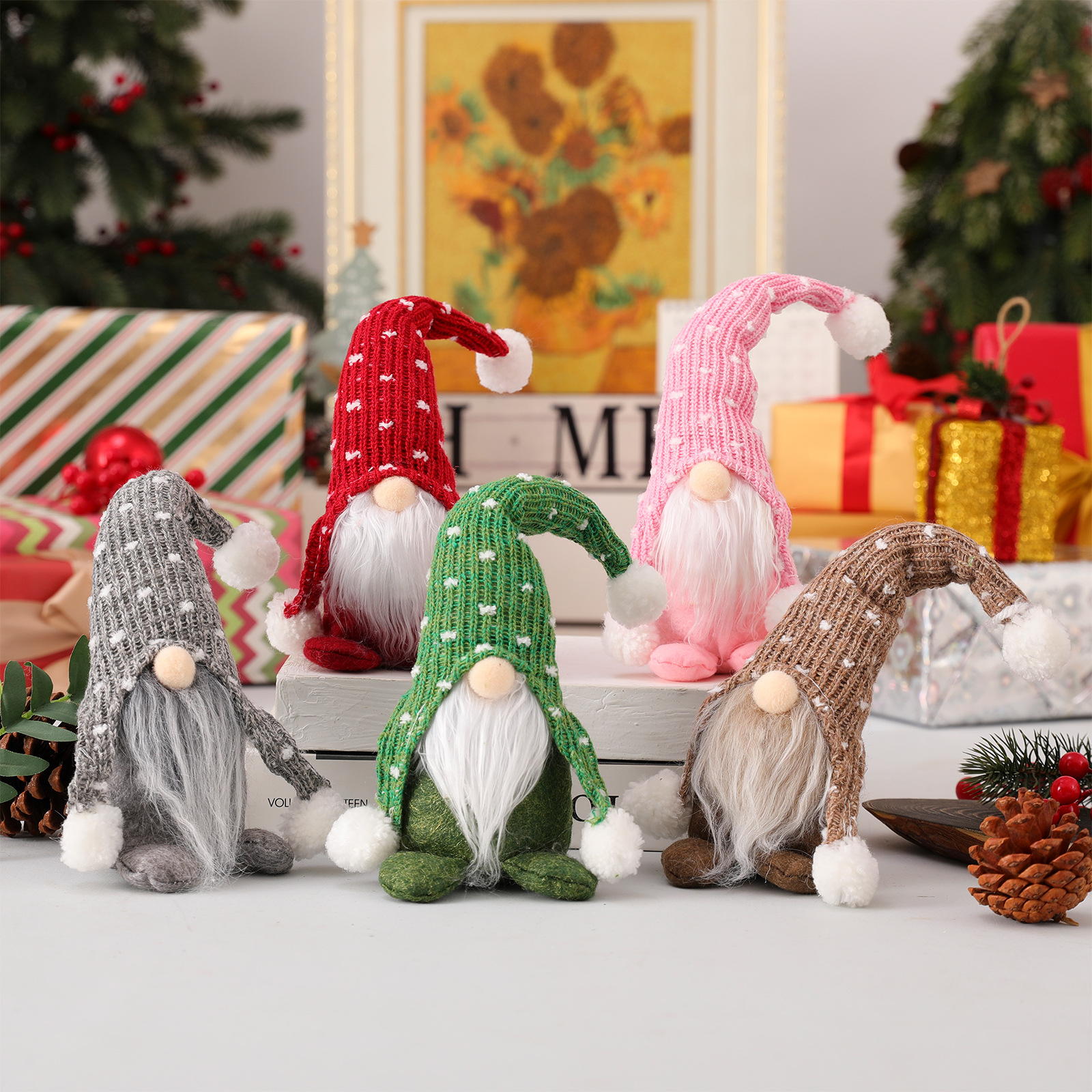 2023 Christmas cross-border new decoration long hat Rudolf old doll faceless doll window decoration