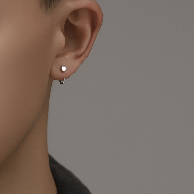 Square Ear Hook Ear Stud Anti-allergy Men's Niche Handsome Simple Single High-end Sense Earrings ins Women's Ear Holes Men