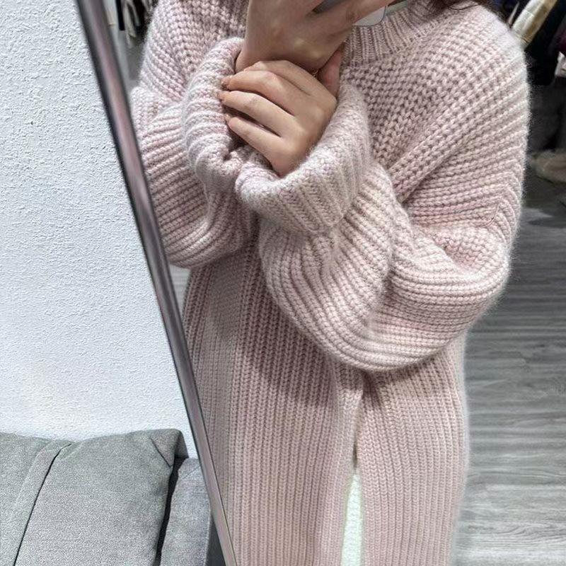 South Korea Niche Lazy Style Split Design Spring and Autumn 1688 Slim Sweater Round Neck Knee Sweater Dress Loose