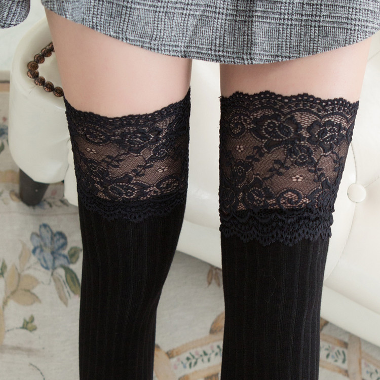 Picture of Japanese Style Lace Over-The-Knee Socks Wholesale Vertical Striped High-Top Bottoming Socks Non-Slip over the Thighs Factory Direct Sales