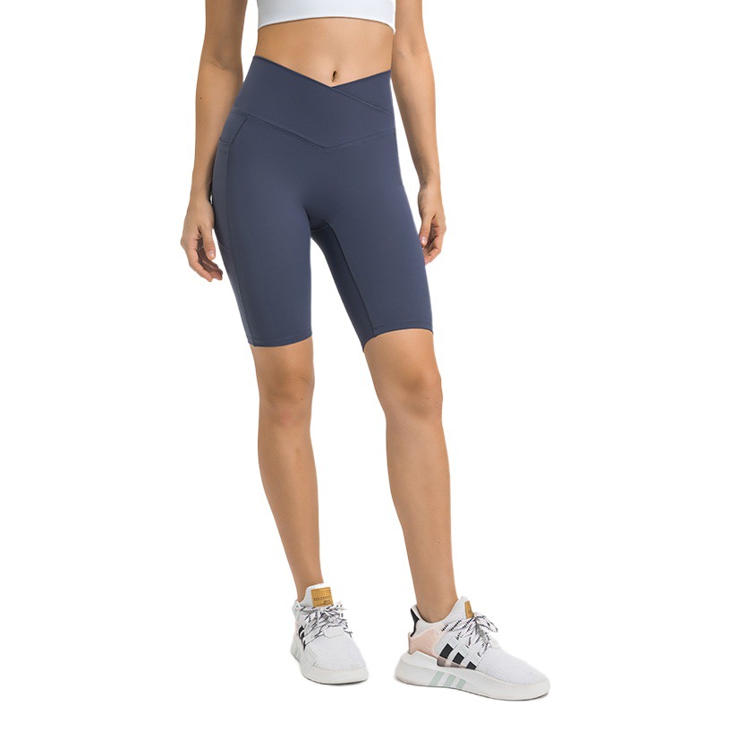 New Style Waistband Cross Navel-Baring Stretch Yoga Pants with Side Flap Pocket Pantss High Waist and Hip Lifting Fitness Pants Dk197