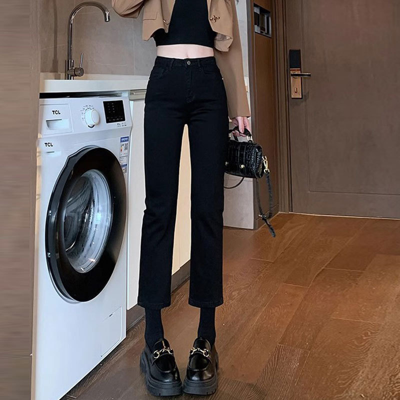 Picture of Black gray jeans women's net red autumn and winter stretch high waist straight pants all-match slim fit cropped smoke tube French stick pants