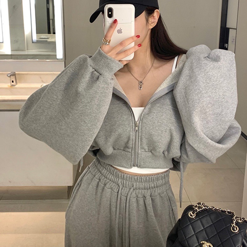Korean Short Hooded Sweatshirt Wide-Leg Pants Fashion Suit for Women Spring Small High-Waisted Casual Sports Pants Two-Piece Set