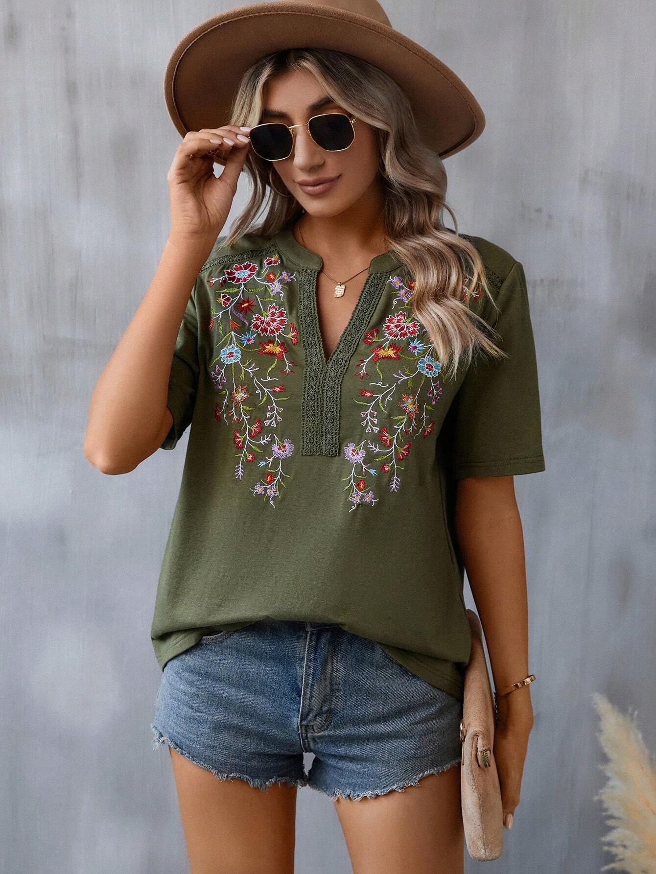 Picture of 2025 Europe and America Amazon Cross-border Summer New Fashion Ten Thousand Needles Embroidery Stitching Lace Top Women's T