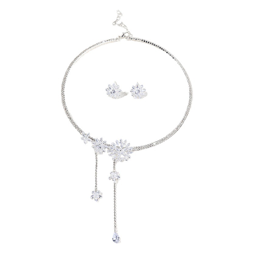 New Chinese Diamond Petals Tassel Necklace Earrings suit Fashion Temperament Personality Bride Wedding Jewelry