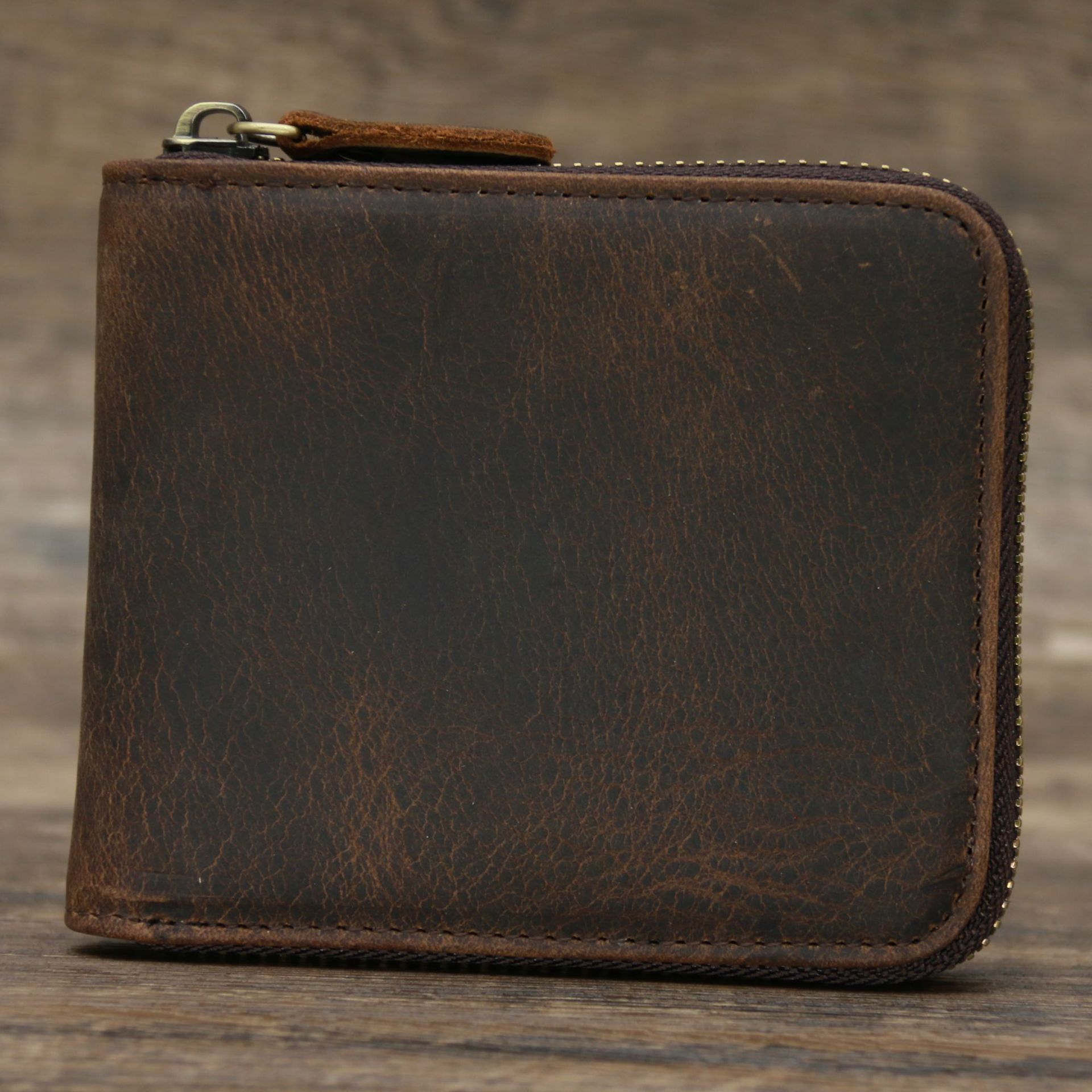 Picture of 9039 Short Wallet Men's Genuine Leather Wallet Crazy Horse Leather 80% off Wallet Card Holder Black Zipper Coin Wallet