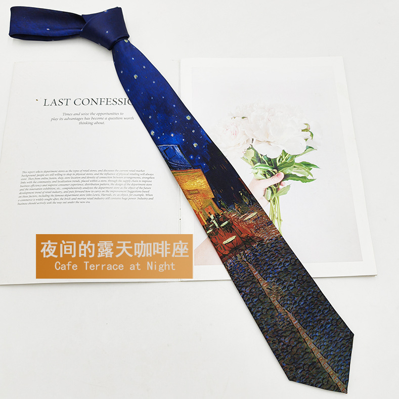 Picture of Van Gogh Oil Painting Men's Polyester Printed Vintage Tie Factory in stock Fashion Casual Tie Hand Tie 8cm