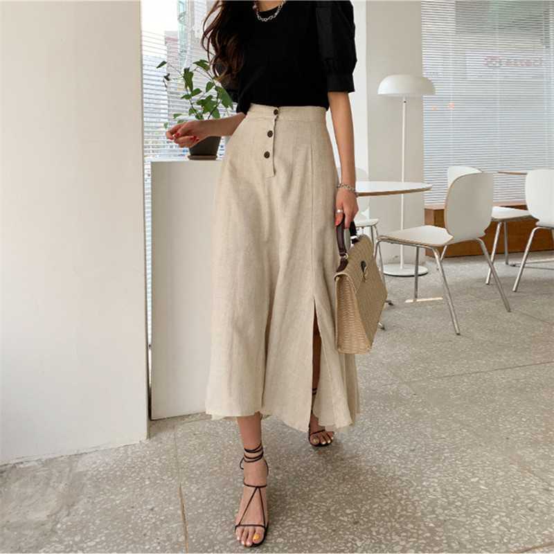 Korean Style Asymmetrical Hem Cotton and Linen Skirt Large Hem Skirt 2025 Spring and Summer New Super High Waist Slimming Look Slit Linen Long Skirt
