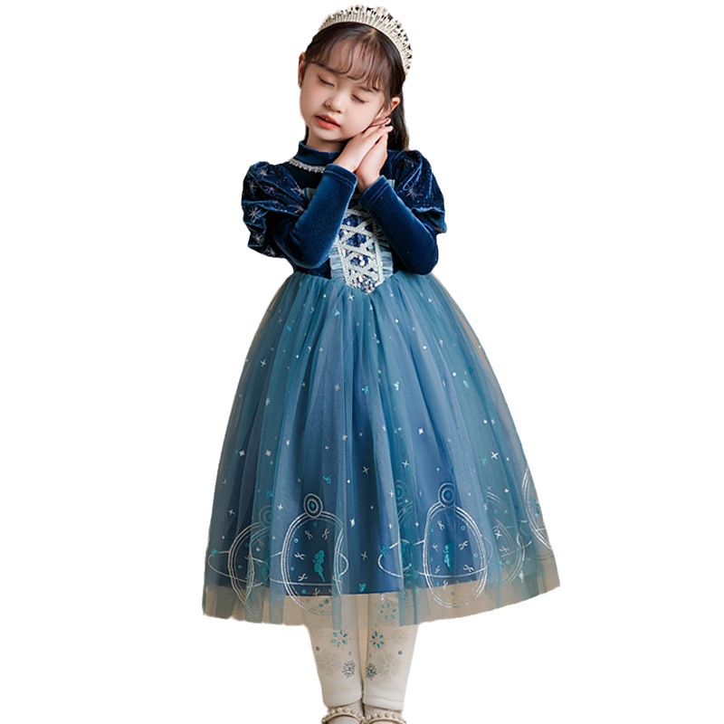 Picture of Blue Velvet Elsa Dress for Girls with Mesh Skirt and Star Details, Sweet Princess Style, Elegant Haute Couture Dress
