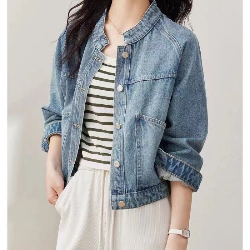 Vintage Versatile Washed Denim Loose 2025 New Stand Collar Petite Mid-Length Jacket Top Long Sleeve