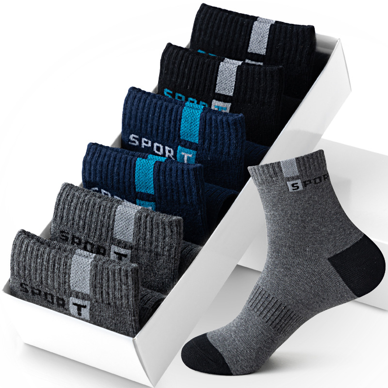 Cross-Border European and American Autumn and Winter Men's Mid-Calf Socks Sports Letter Socks Breathable Cotton Socks Direct Sales Factory