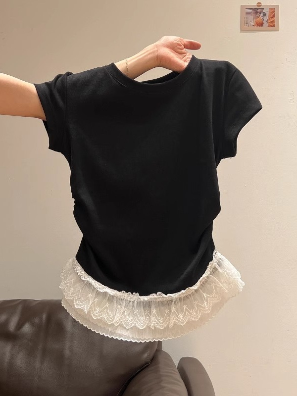 Sweet hem lace stitching short sleeve front shoulder T-shirt women's 2025 summer slim-fit pleated waist design top