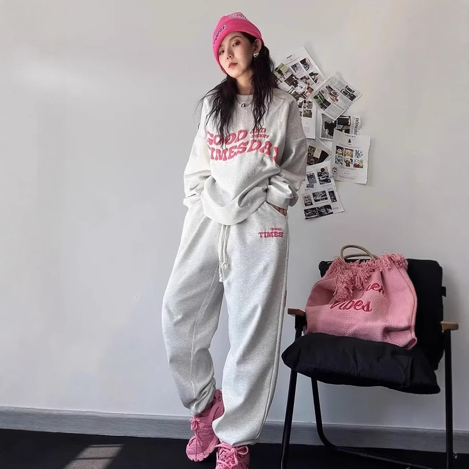 American sportswear suit female students spring and autumn loose fashion Western style sweater Internet celebrity street casual two-piece suit fashion