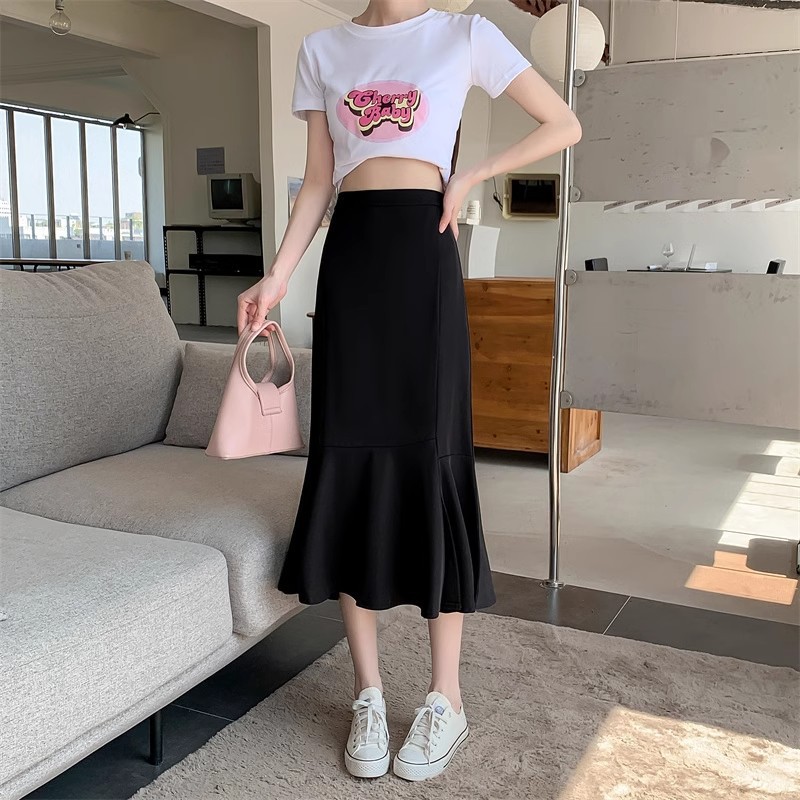 Fishtail Skirt Elastic Waist New Women's A-Line 2024 Mid-Length Asymmetrical Skirt Fat mm Suit Large Size Black