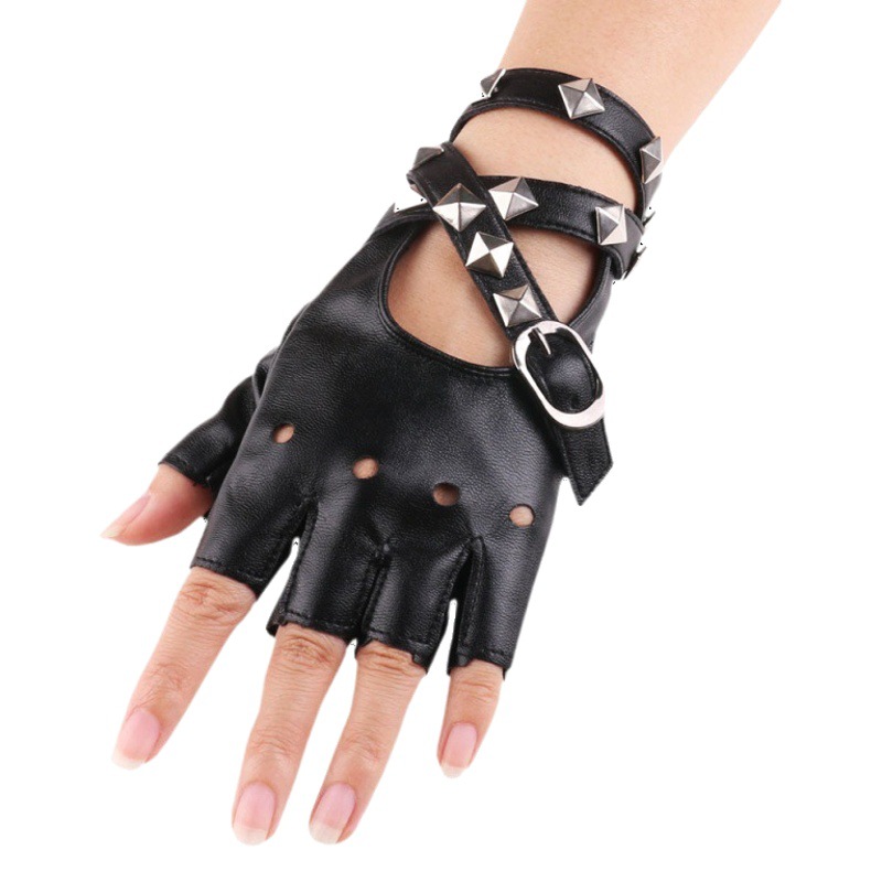 New Women's Dance Half-Finger Gloves Performance Half-Cut Punk Rivet Chain Pole Dance Hip-Hop Leather Gloves
