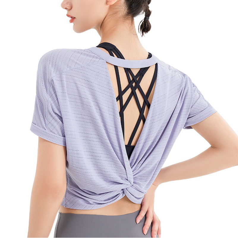 Hollow Beautiful Back Short-Sleeved Women's Yoga Fitness Wear Training Blouse Breathable Quick-Drying T-Shirt Loose Running Sports Top