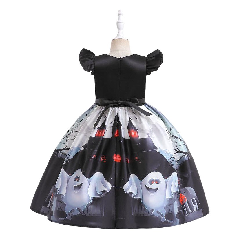 Amazon New Ghost Performance Clothes Children's Printed Belt Bag Wrought Cloth Dress Girls Halloween Performance Dress