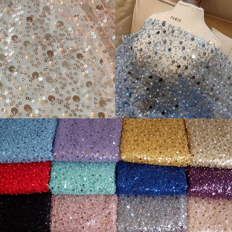 Encrypted Heavy Bead Embroidery Sequin Mesh Fabric Wedding Dress Clothing Fabric Width 1.5m DIY Lace Fabric