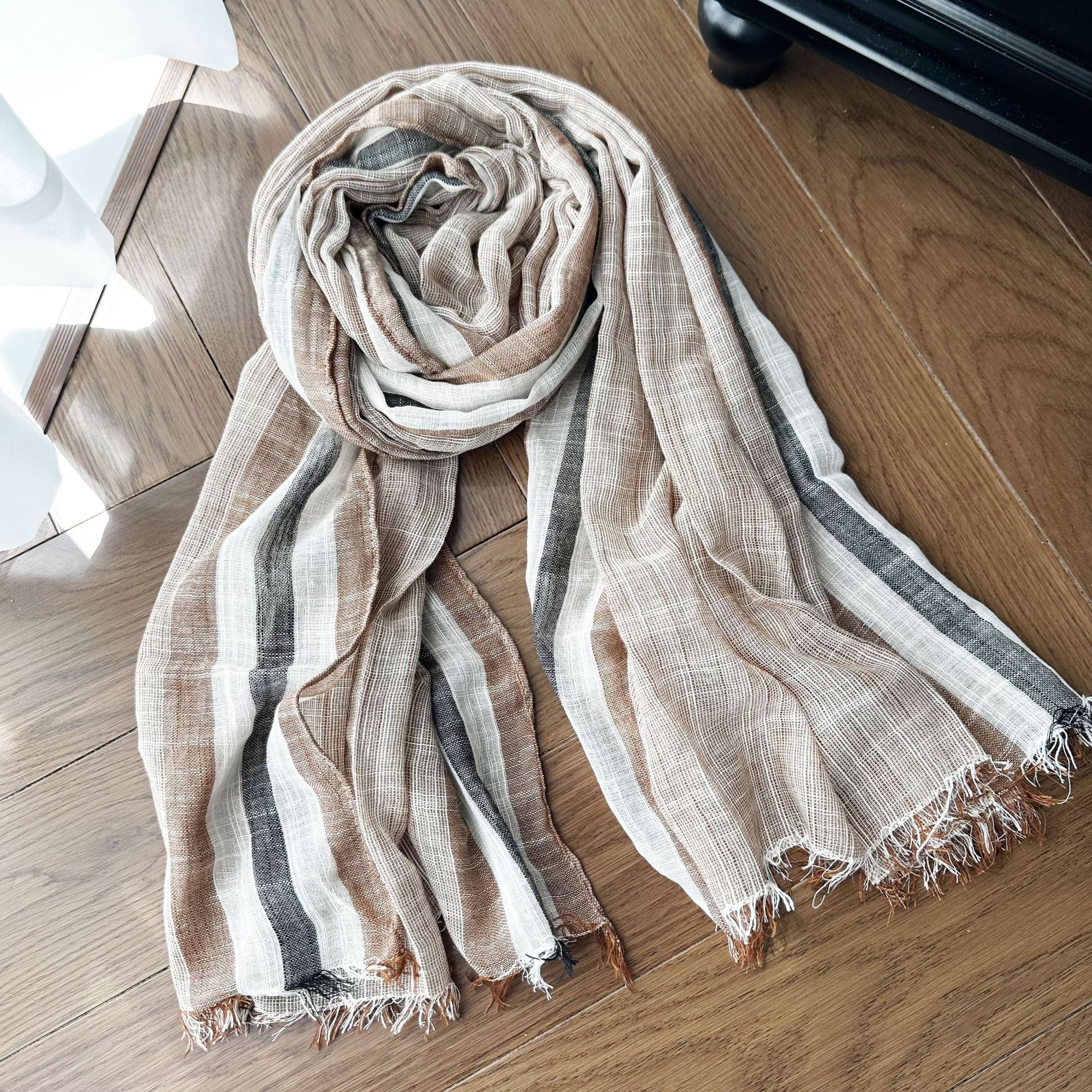 Picture of Literary Classic Striped Color Matching Bamboo Cotton Yarn Scarf Women's Four Seasons Good Wear Thin Long Silk Scarf Sunscreen Shawl