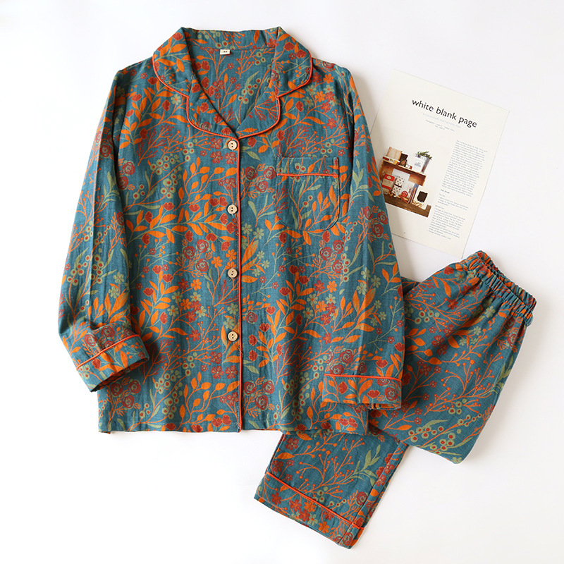 Picture of Cotton Yarn-dyed New Retro Lapel Long-sleeved Trousers Cardigan Two-piece Set Women's Home Clothes Home Clothes